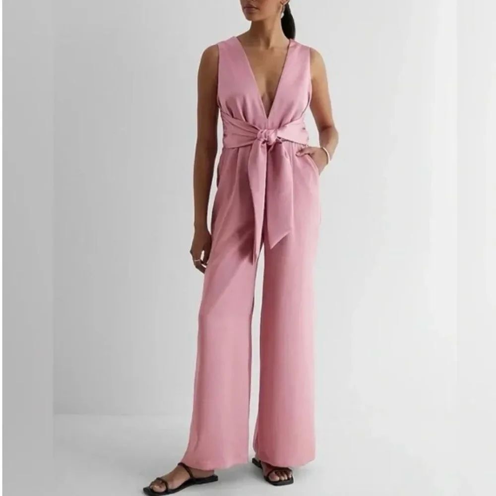 Express Pink Satin V-Neck Tie Waist Wide Leg Jumpsuit